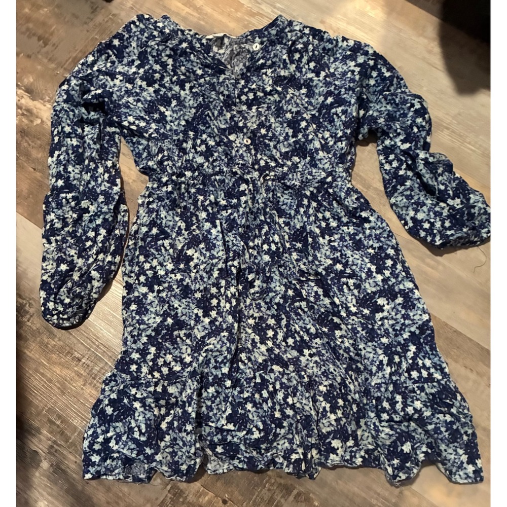 Time and Tru Womens Blue Floral Long Sleeve Ruffle Hem Mini Dress Small 4-6